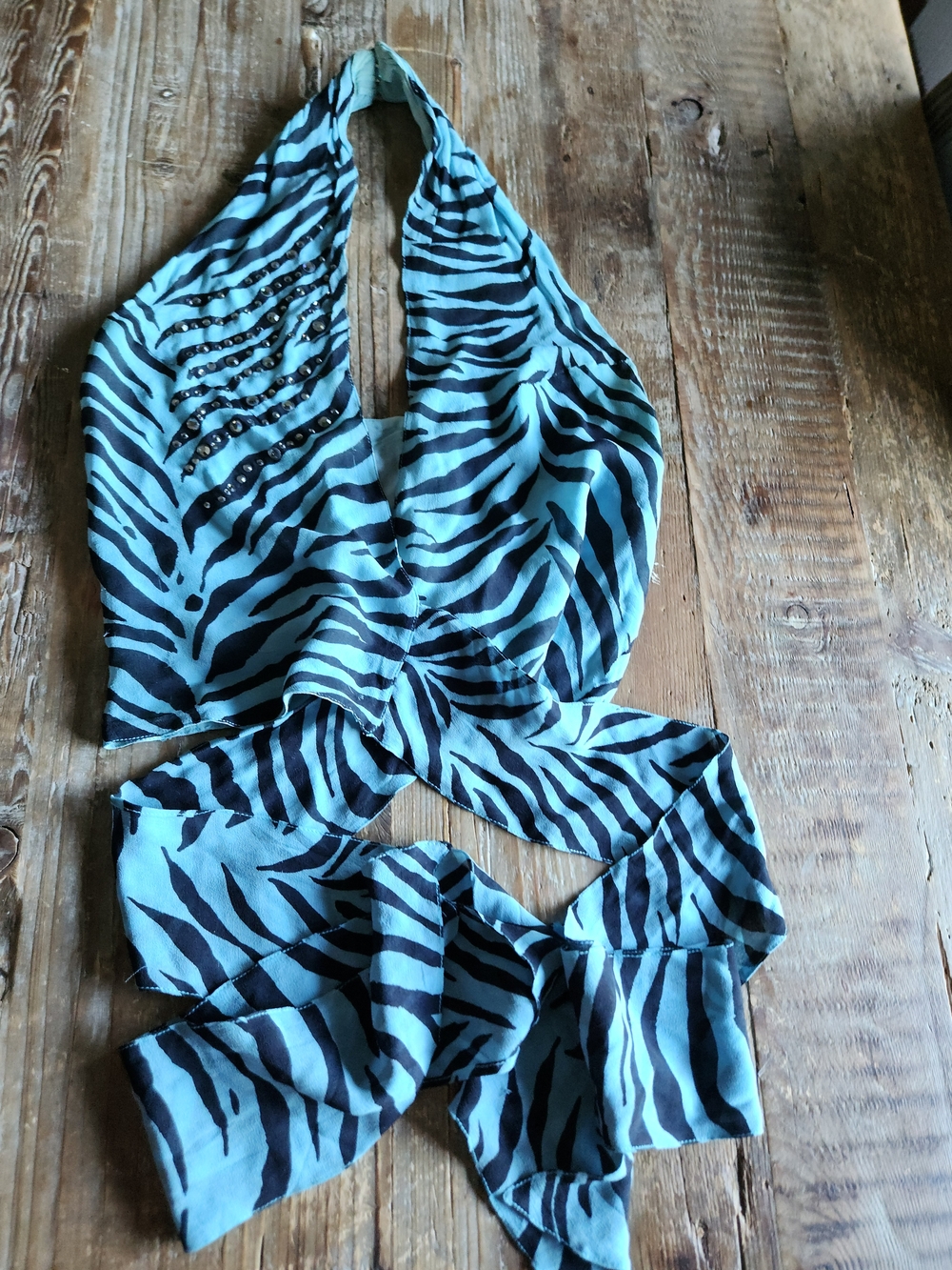 Blumarine Aqua Black Zebra-Print Halter Tie Crop Top